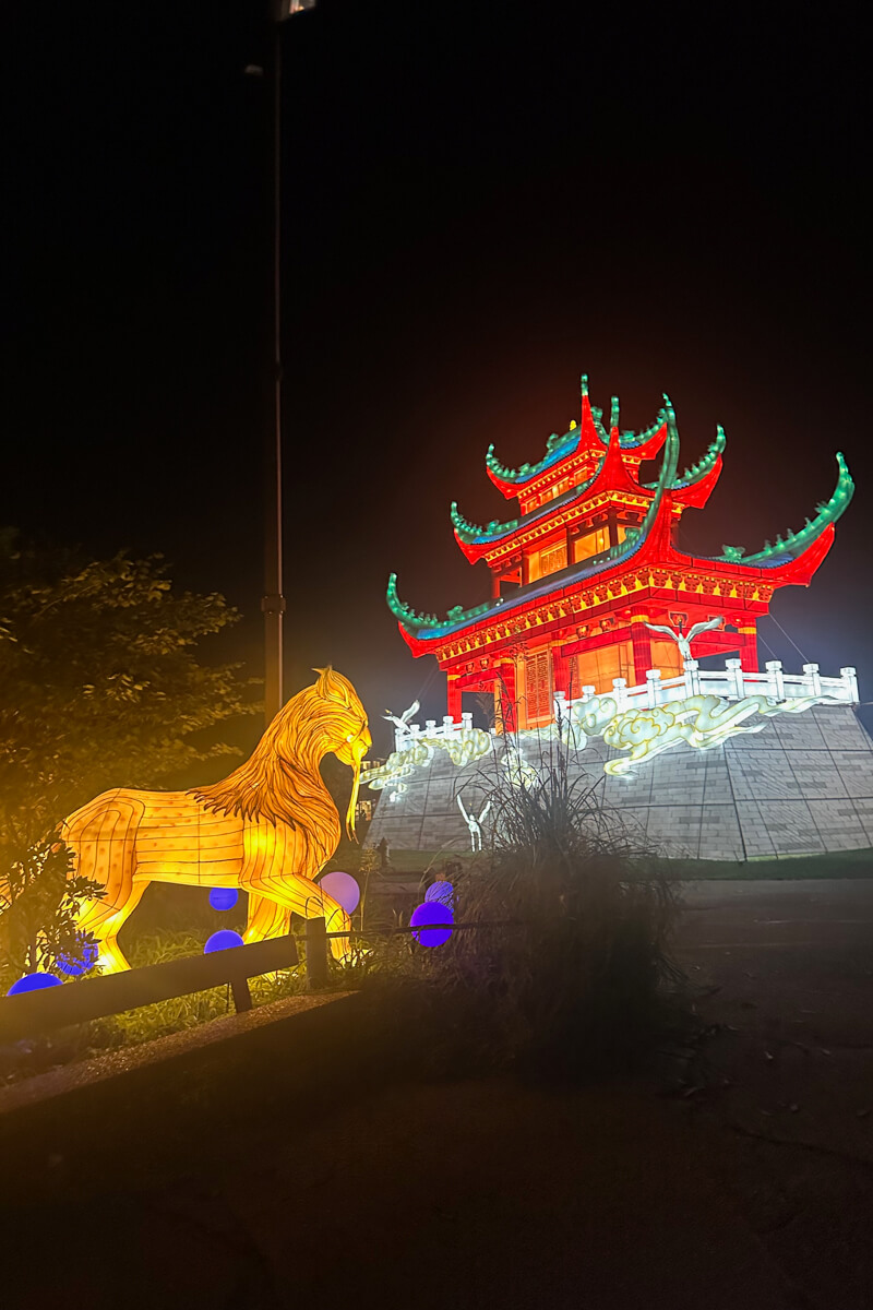Light display of a pagoda and lion