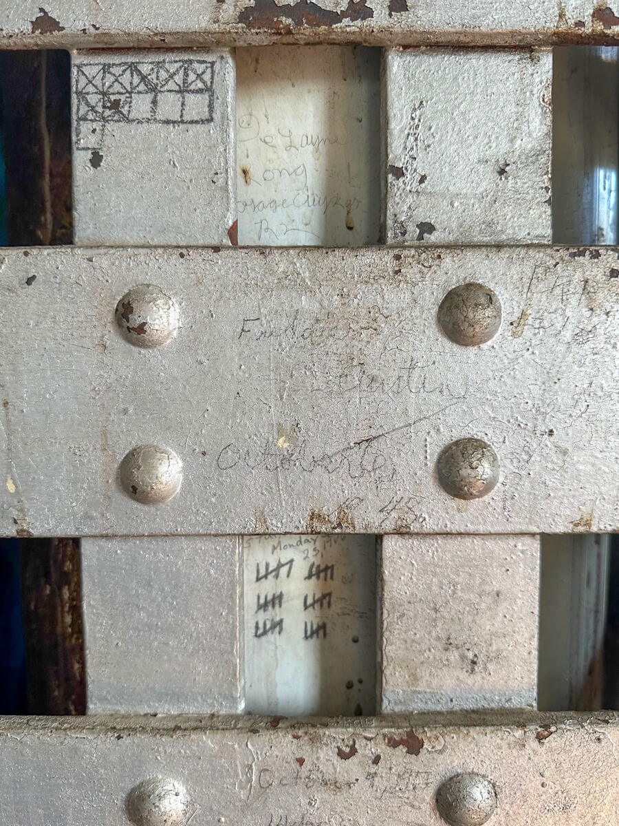 A close up view of the crossed bars at the old jail at the county courthouse