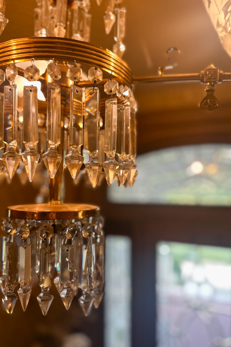 Closeup view of decorative glass prisms on the light