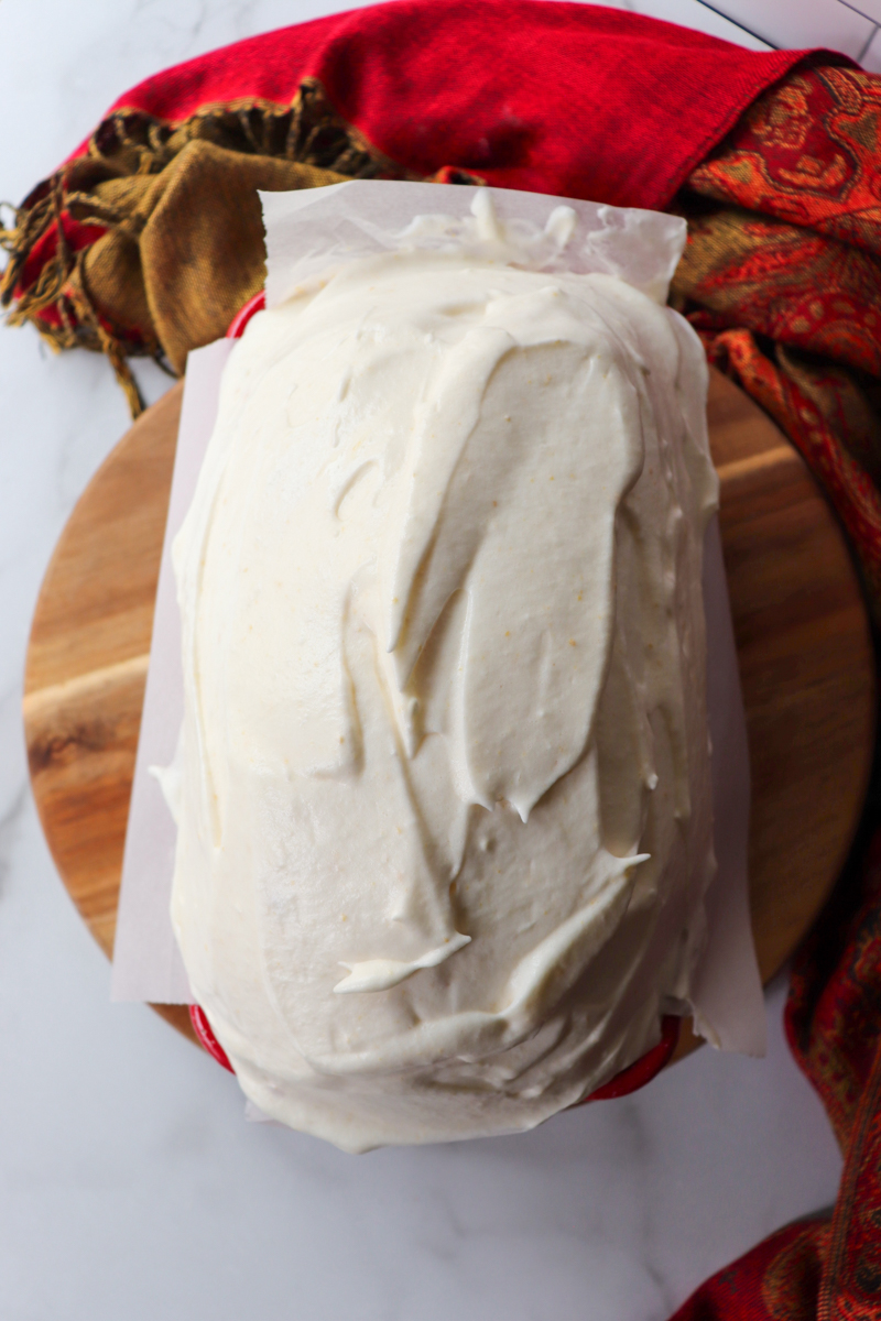 Overhead view of keto bread batter in the pan