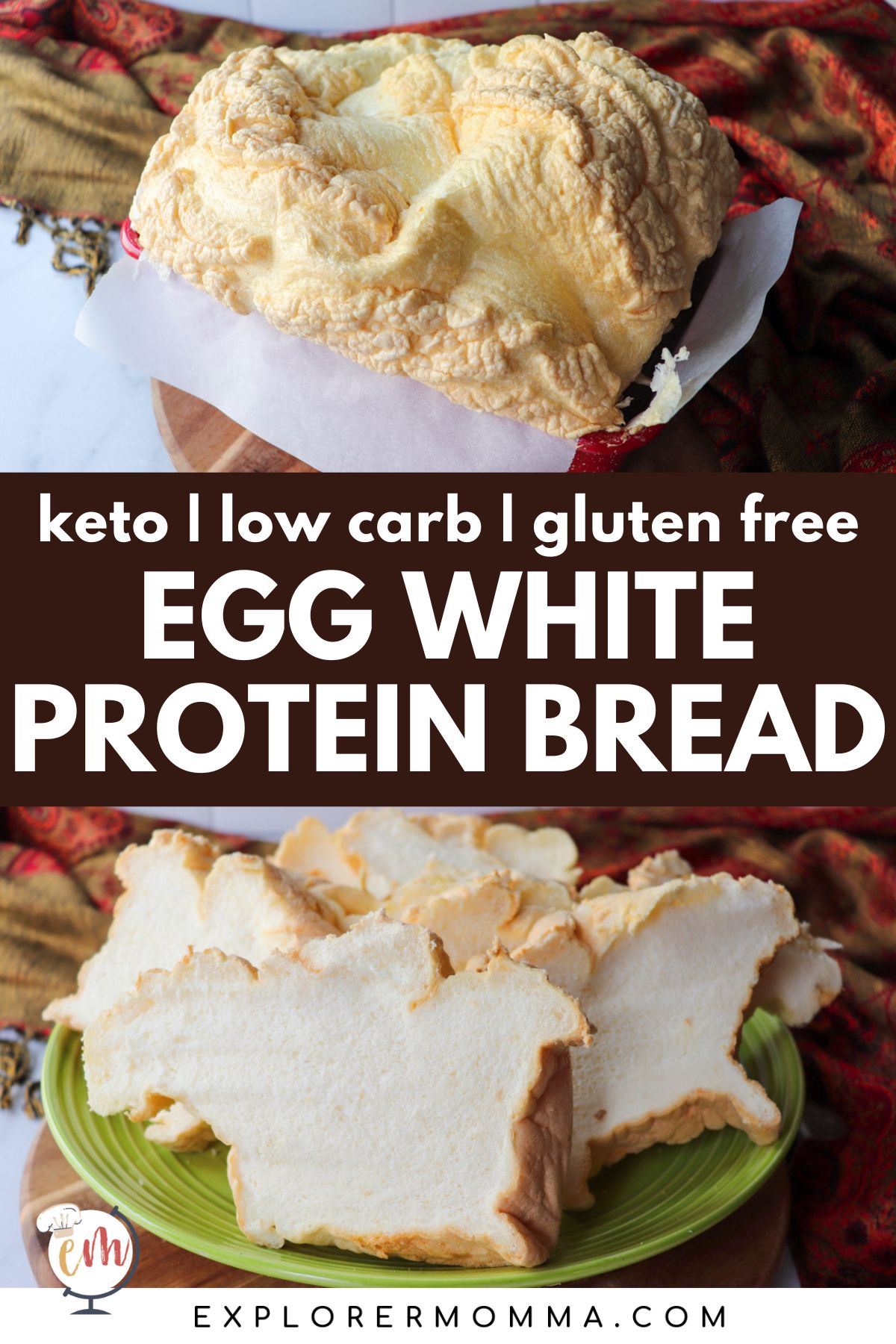 A green plate piled with slices of egg white protein bread on a wooden base with text overlay, "Egg White Protein Bread"