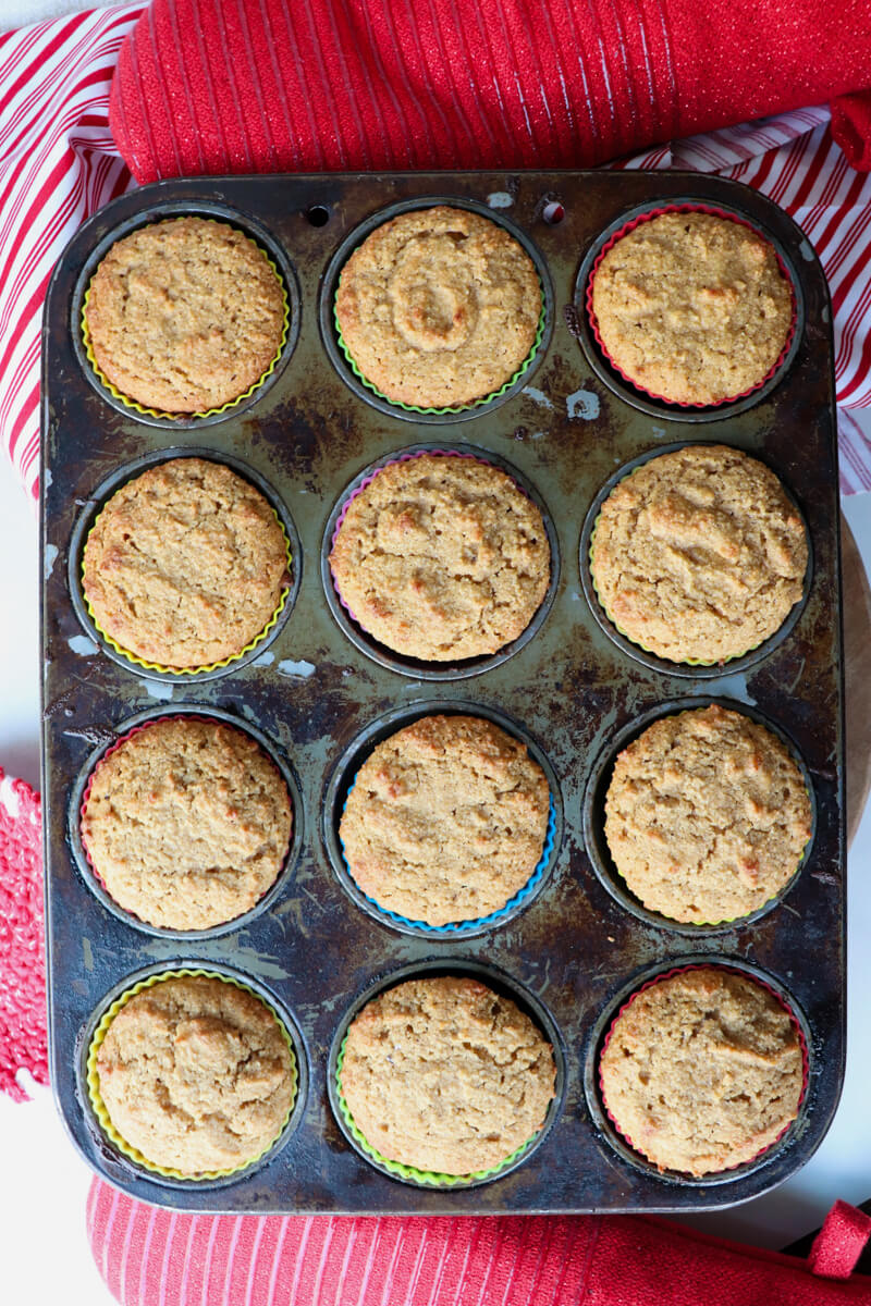 Overhead view of baked low carb gingerbread muffins baked in a pan
