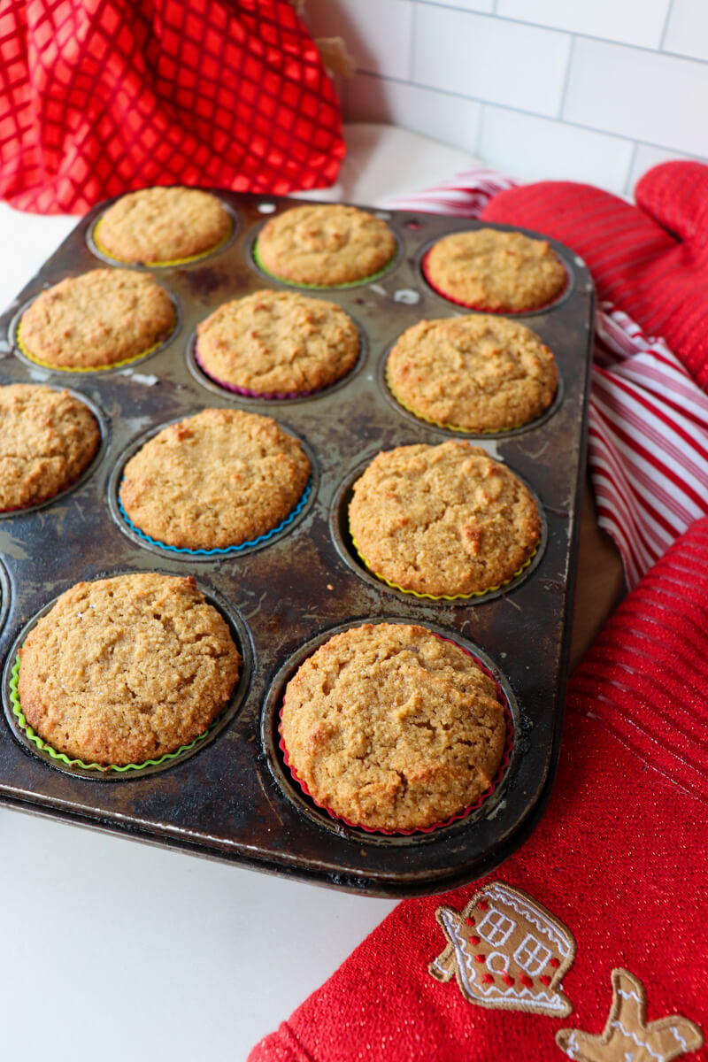 Overhead front view of baked low carb gingerbread muffins baked in a pan