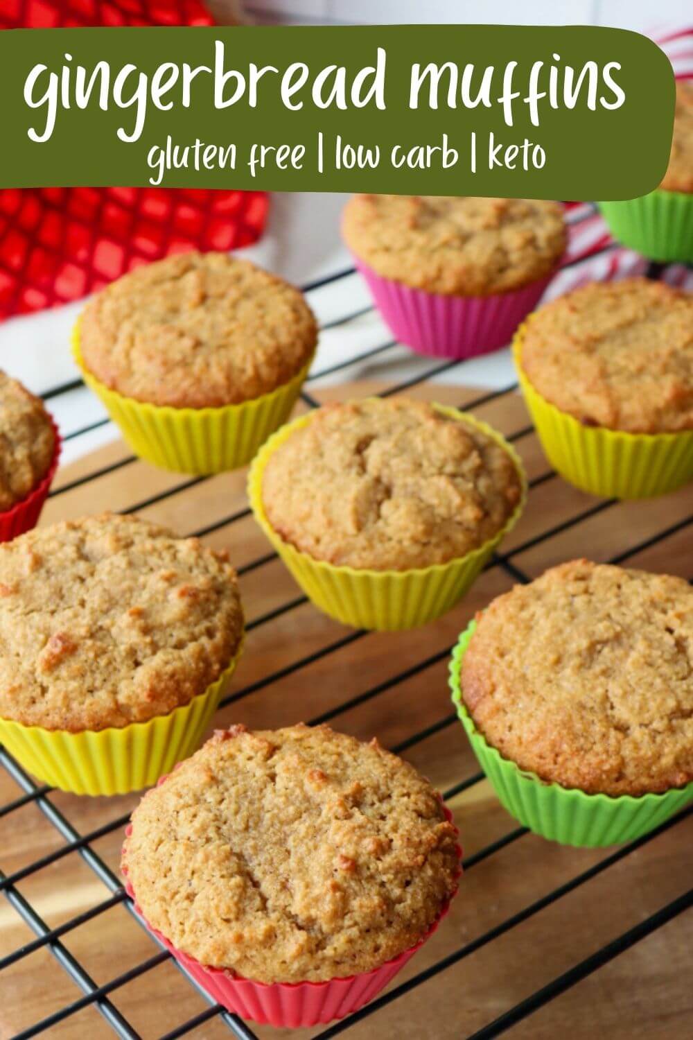 Nine keto gingerbread muffins on a cooling rack with text overlay, "Gingerbread Muffins, gluten free, low carb, keto."