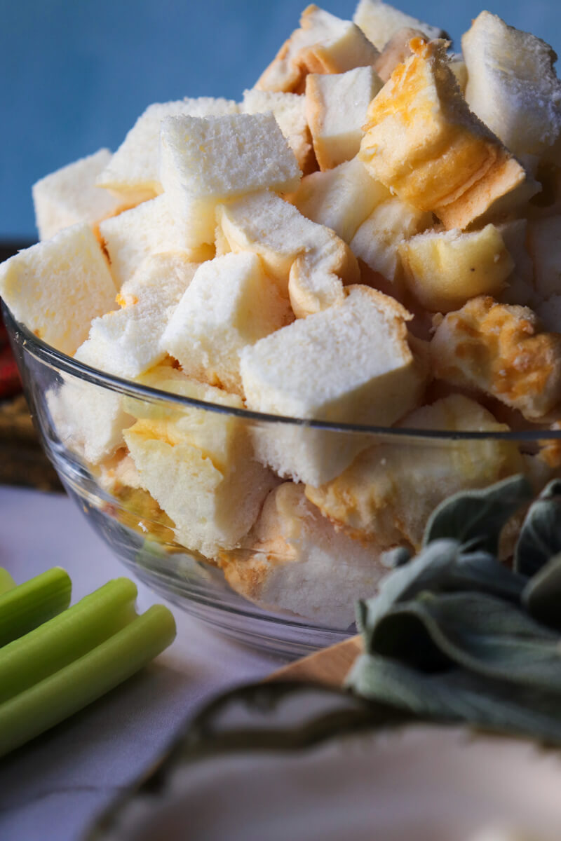 A glass bowl of cubed gluten free protein bread