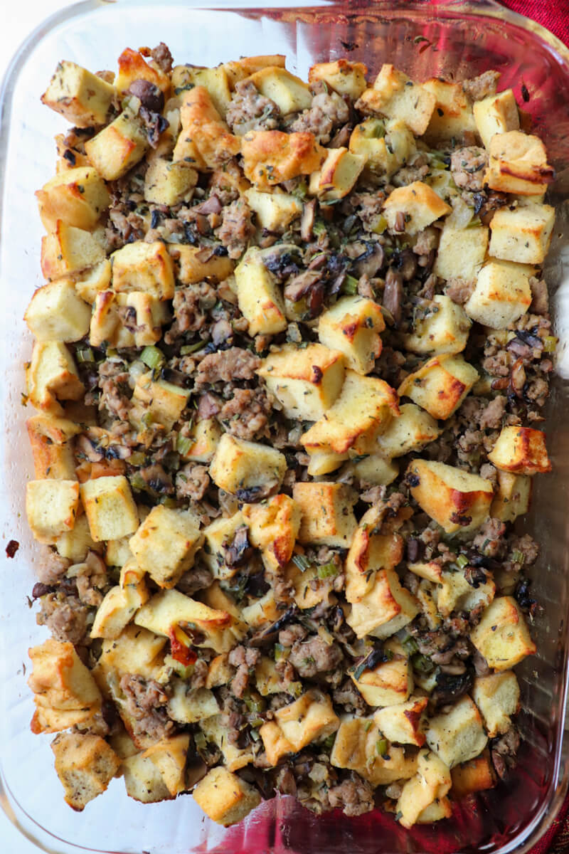 Overhead view of low carb stuffing with sausage and protein egg white bread