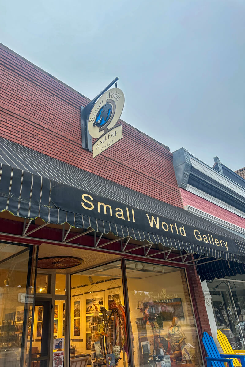 A store front with a green awning with the words Small World Gallery