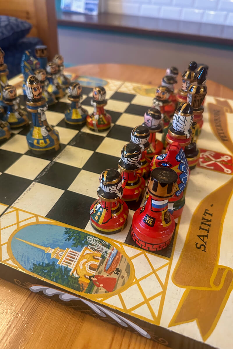A side view of a Swedish painted chess board