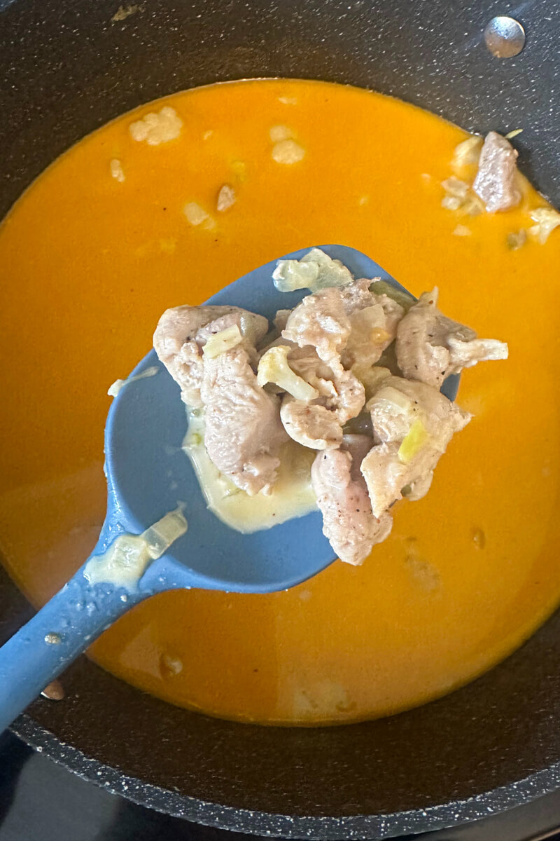Overhead view of a blue silicone spoon holding chicken and cauliflower, etc. over the soup pot