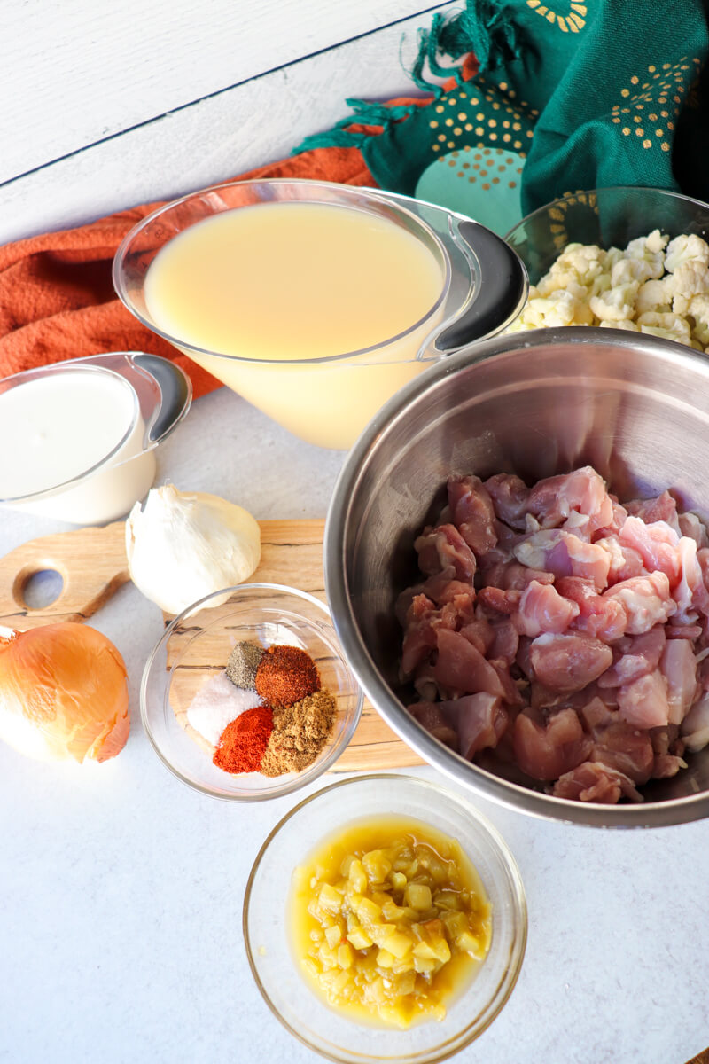 Front view of ingredients in keto white chicken chili