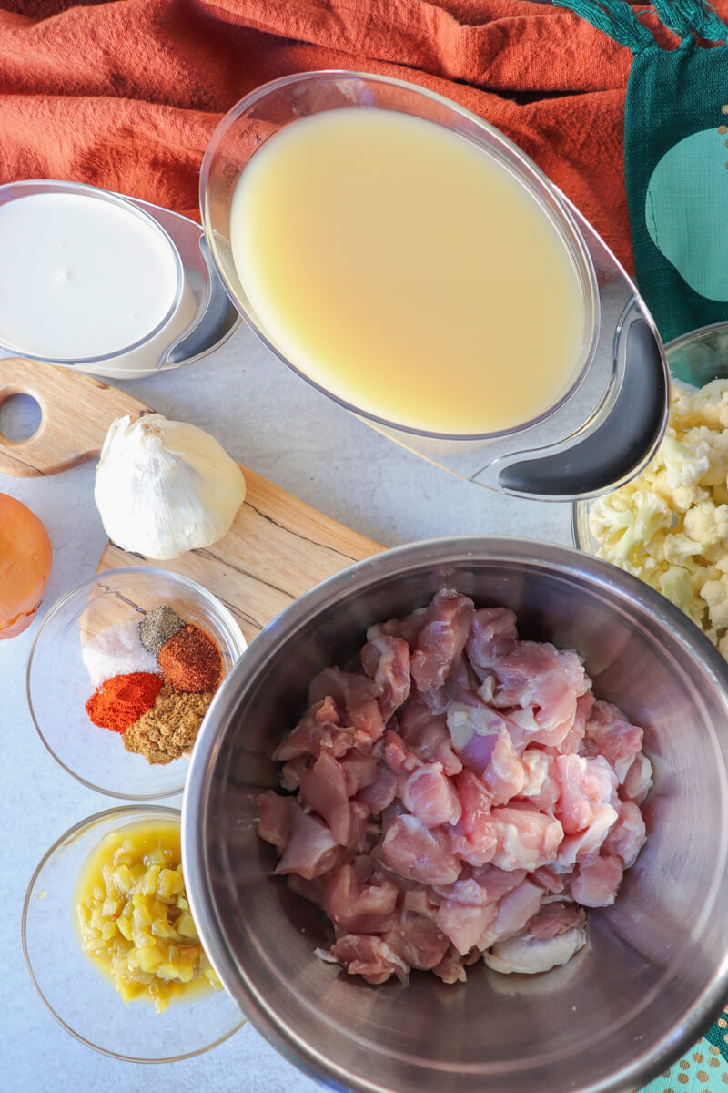 Overhead view of ingredients in keto white chicken chili