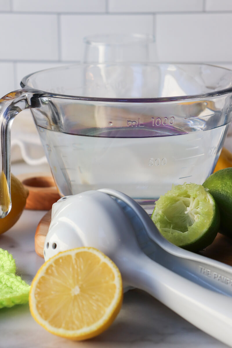Front view of a glass measuring cup with water behind a white hand held citrus juicer and a half lemon and lime.