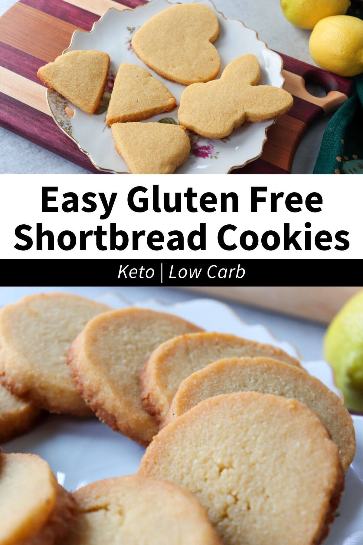 A plate of cut out gluten free shortbread cookies over a picture of a plate of circular sliced keto shortbread cookies with text overlay "Easy Gluten Free Shortbread Cookies"