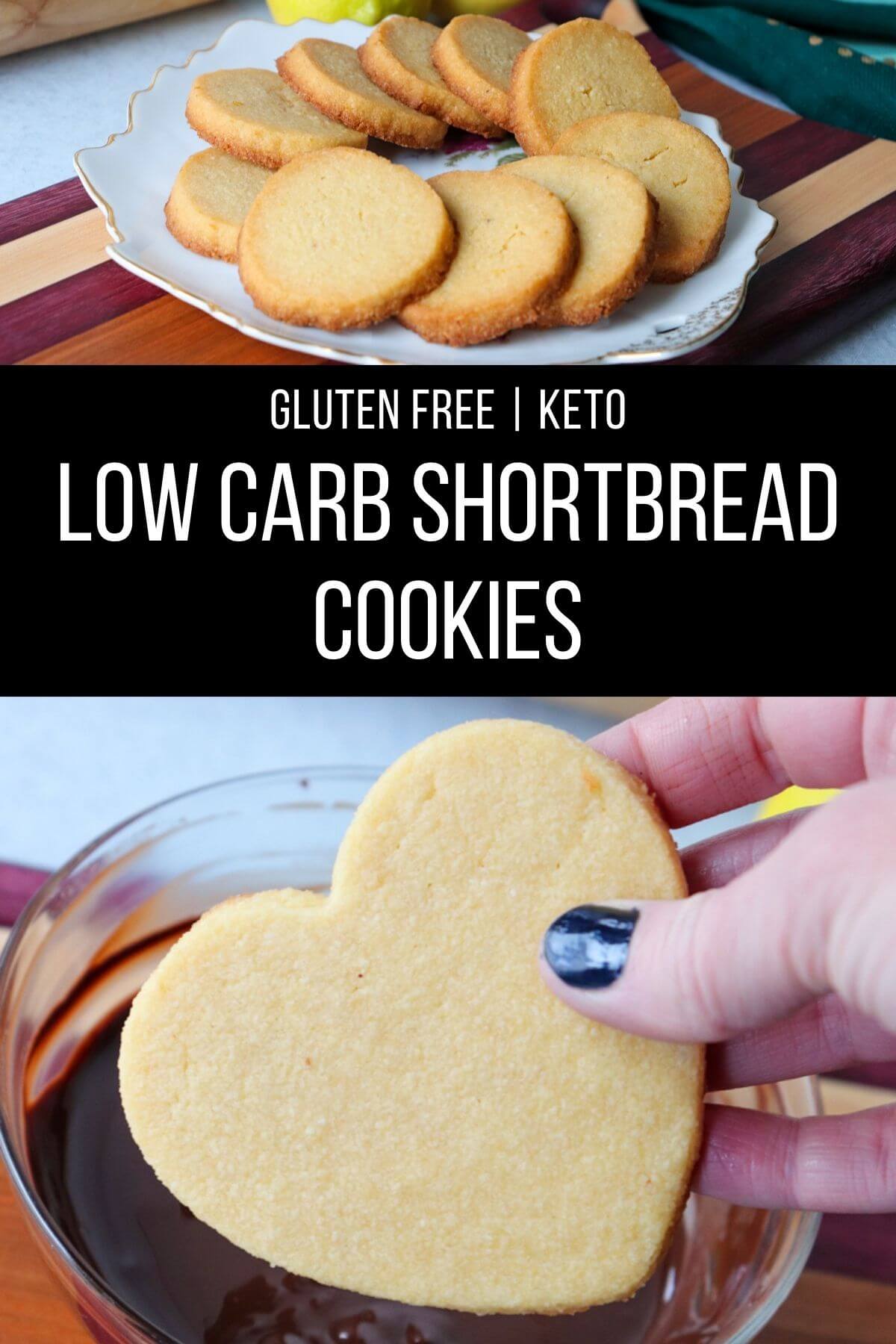 A plate of circular sliced keto shortbread cookies over a picture of a hand holding a heartshaped gluten free shortbread cookie with text overlay "Gluten Free Keto Low Carb Shortbread Cookies"