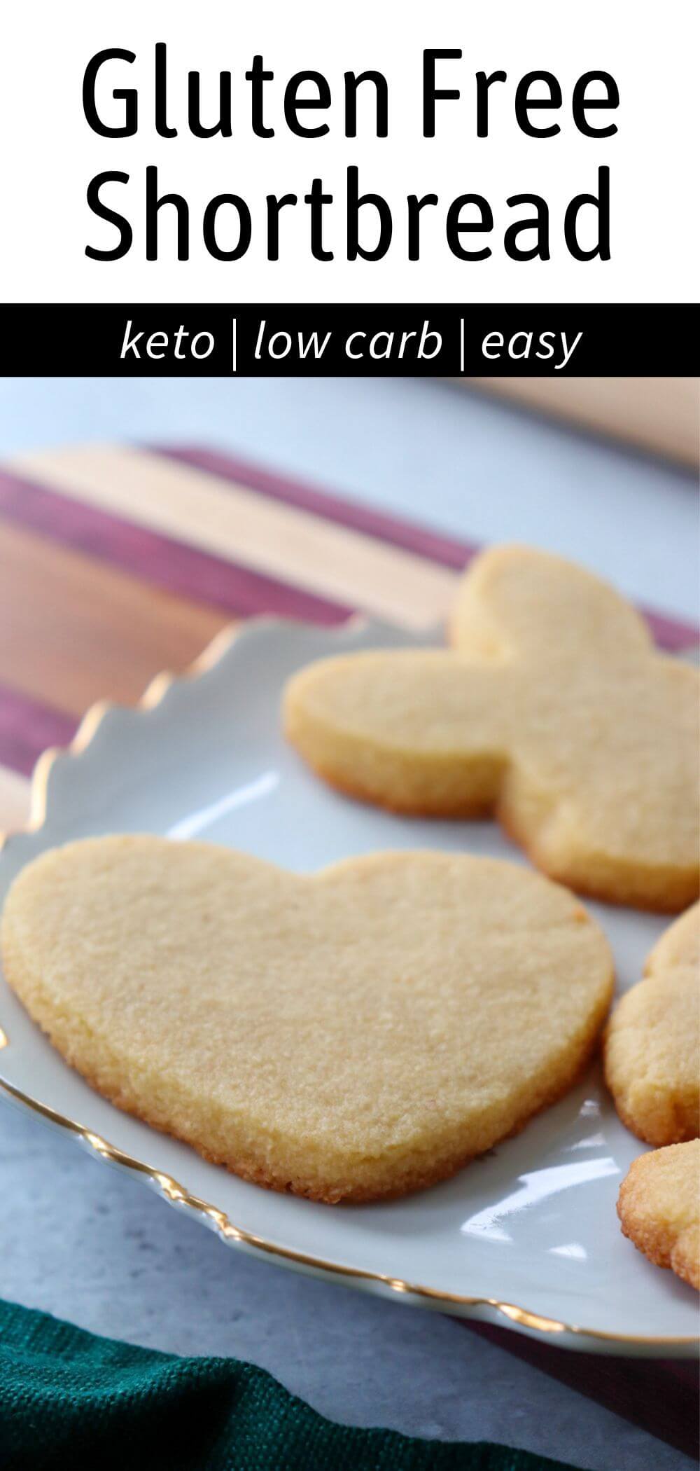 A plate of cut out gluten free shortbread cookies with text overlay "Gluten Free Shortbread, low carb, keto, easy"