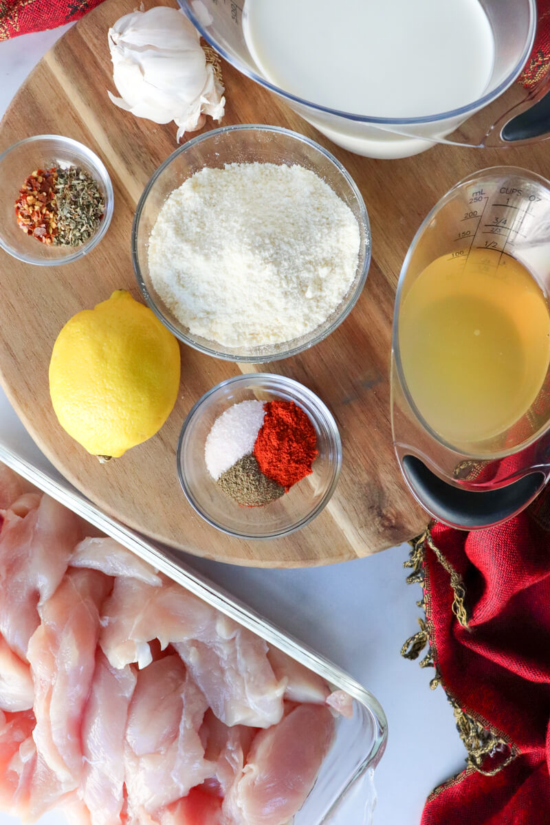Overhead view of the ingredients in creamy lemon garlic chicken