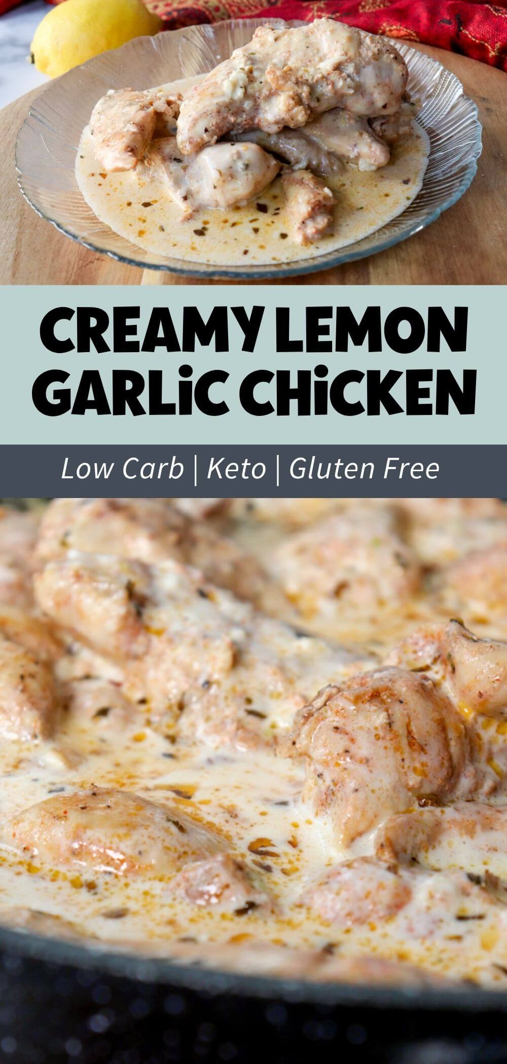 A textured glass plate of creamy lemon garlic chicken on a wooden board over a skillet of the same with text overlay "Gluten free, keto, low carb - Creamy Lemon Garlic Chicken."