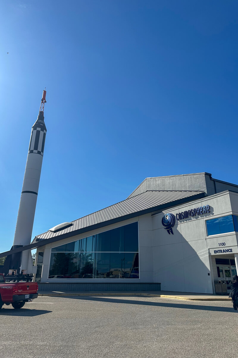 Blue skies with a view of the front of the Cosmosphere space museum in Hutchinson, Kansas