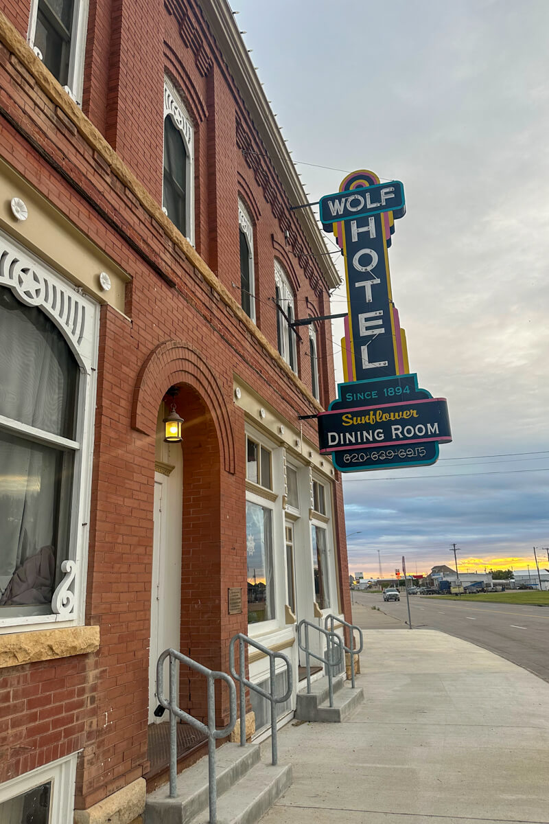 Day view of the sign on the Wolf Hotel in Ellinwood, Kansas