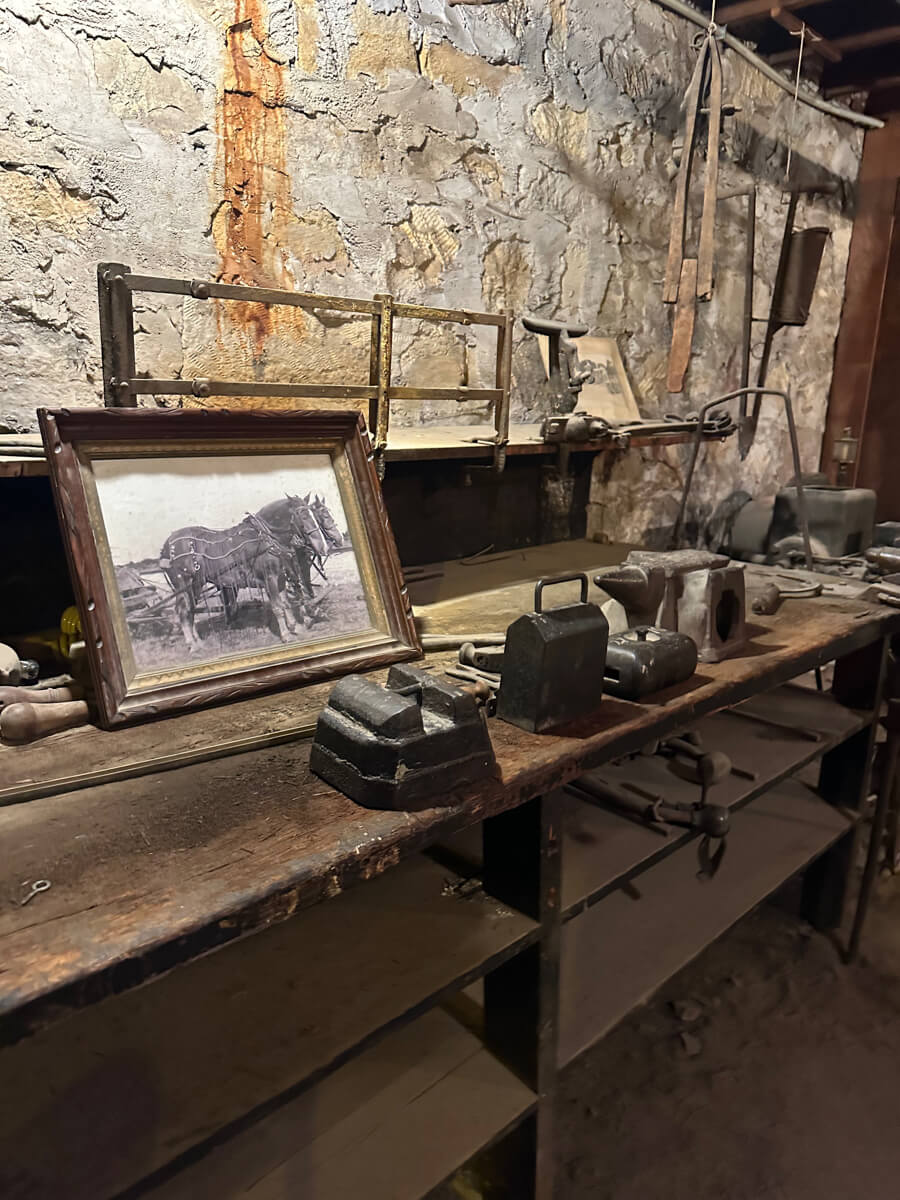 A view of tools and items in the blacksmith's shop in the underground city in Ellinwood, Kansas