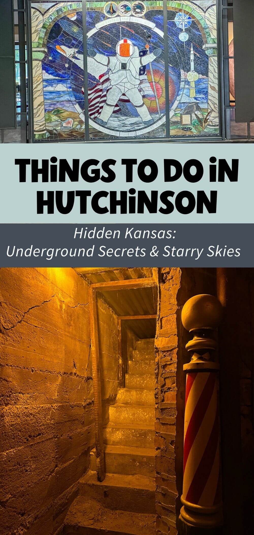 Underground tunnel staircase in Ellinwood Kansas with warm lighting and vintage barber pole, text overlay “Things to do in Hutchinson Hidden Kansas