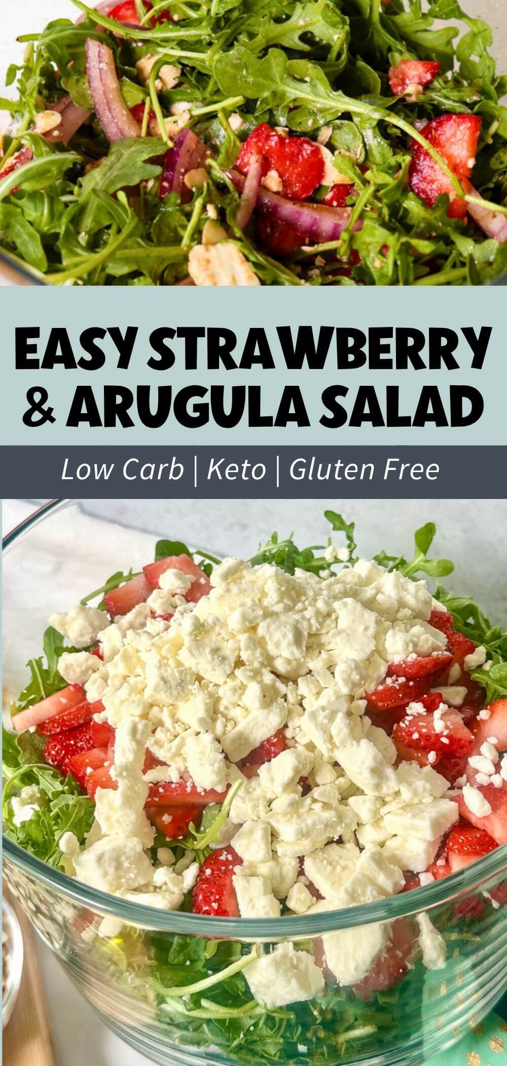 Glass bowl of Strawberry Arugula Salad layered with fresh strawberries, peppery arugula, feta cheese, and red onion before tossing.