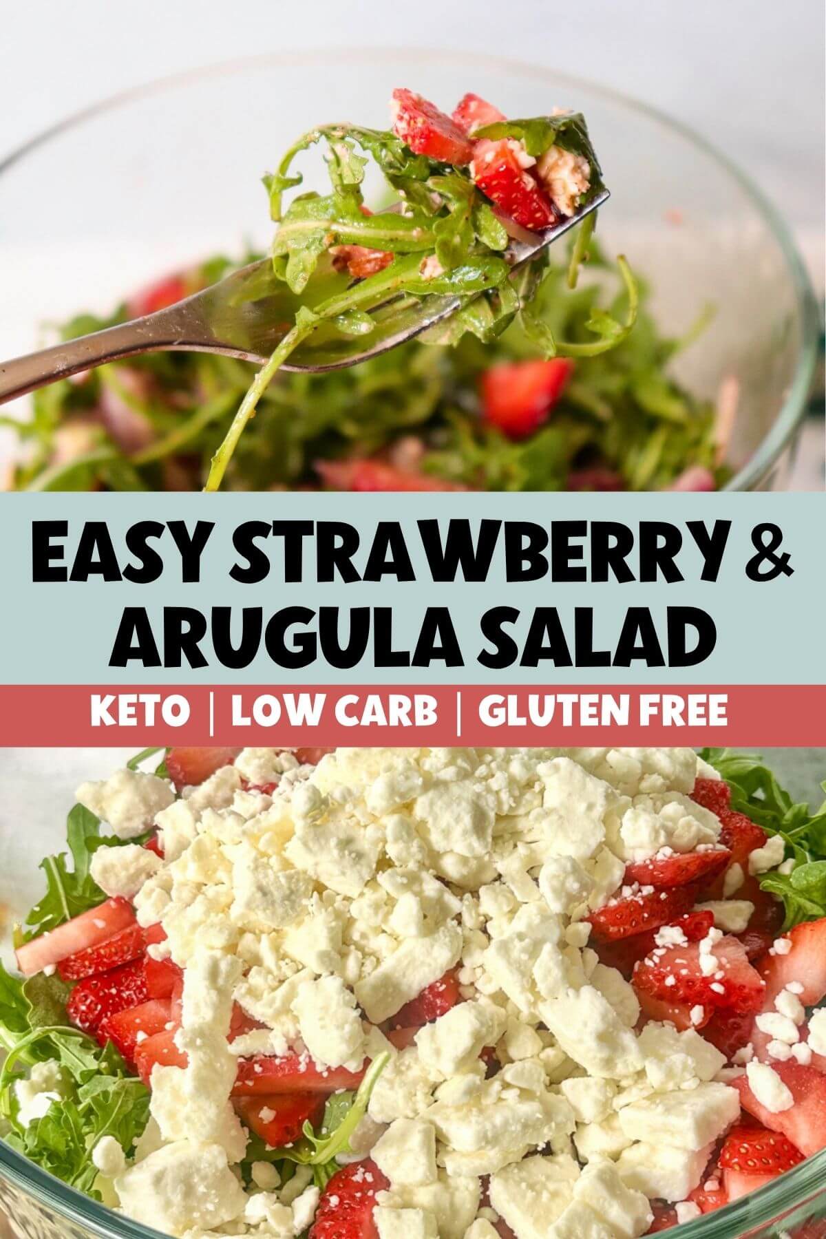 Close-up of Strawberry Arugula Salad with sliced strawberries, arugula, red onion, pecans, and feta cheese in a fresh spring salad.
