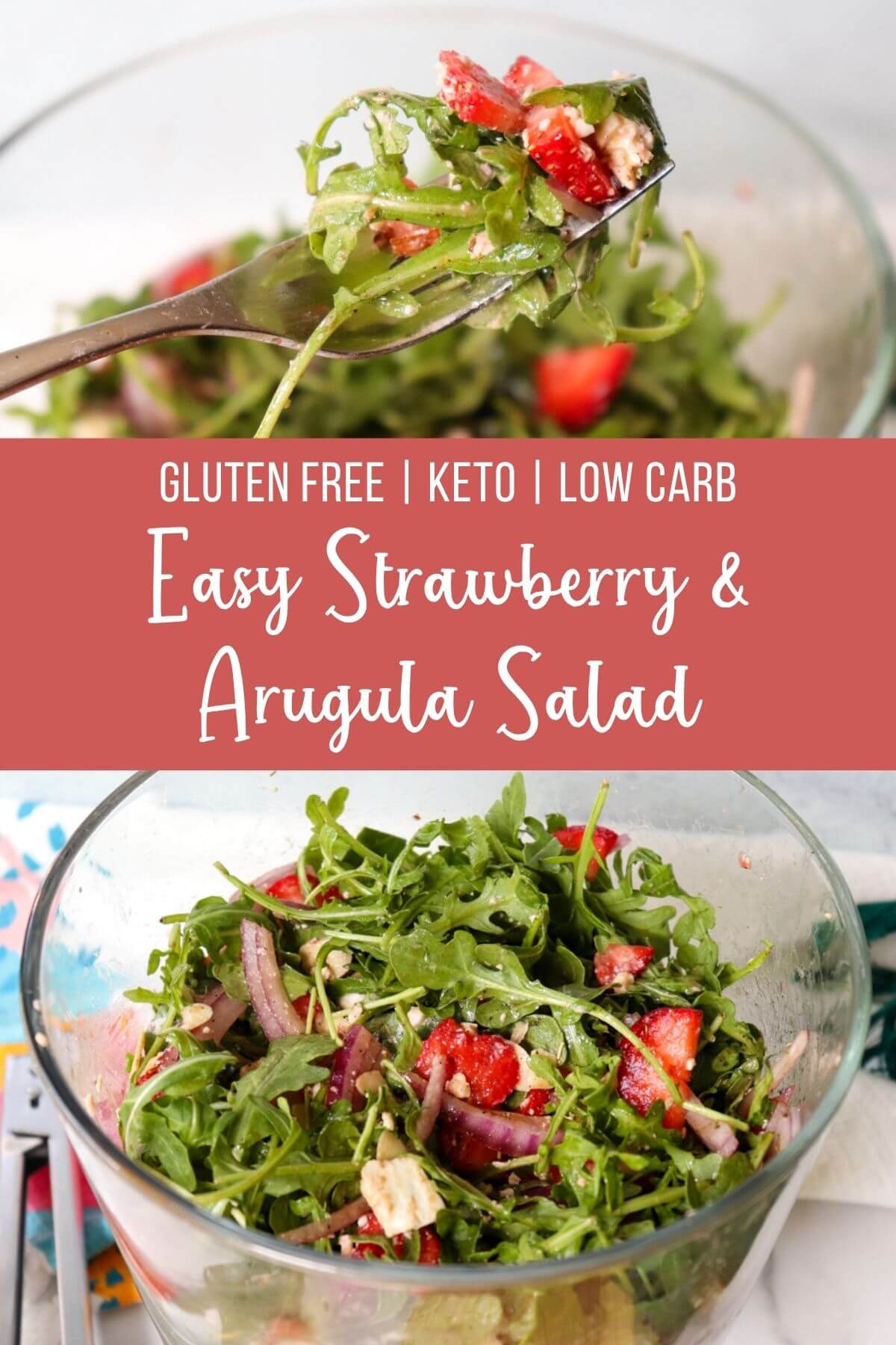 Easy Strawberry Arugula Salad tossed with strawberries, arugula, almonds, red onion, and feta cheese for a low-carb spring side salad.