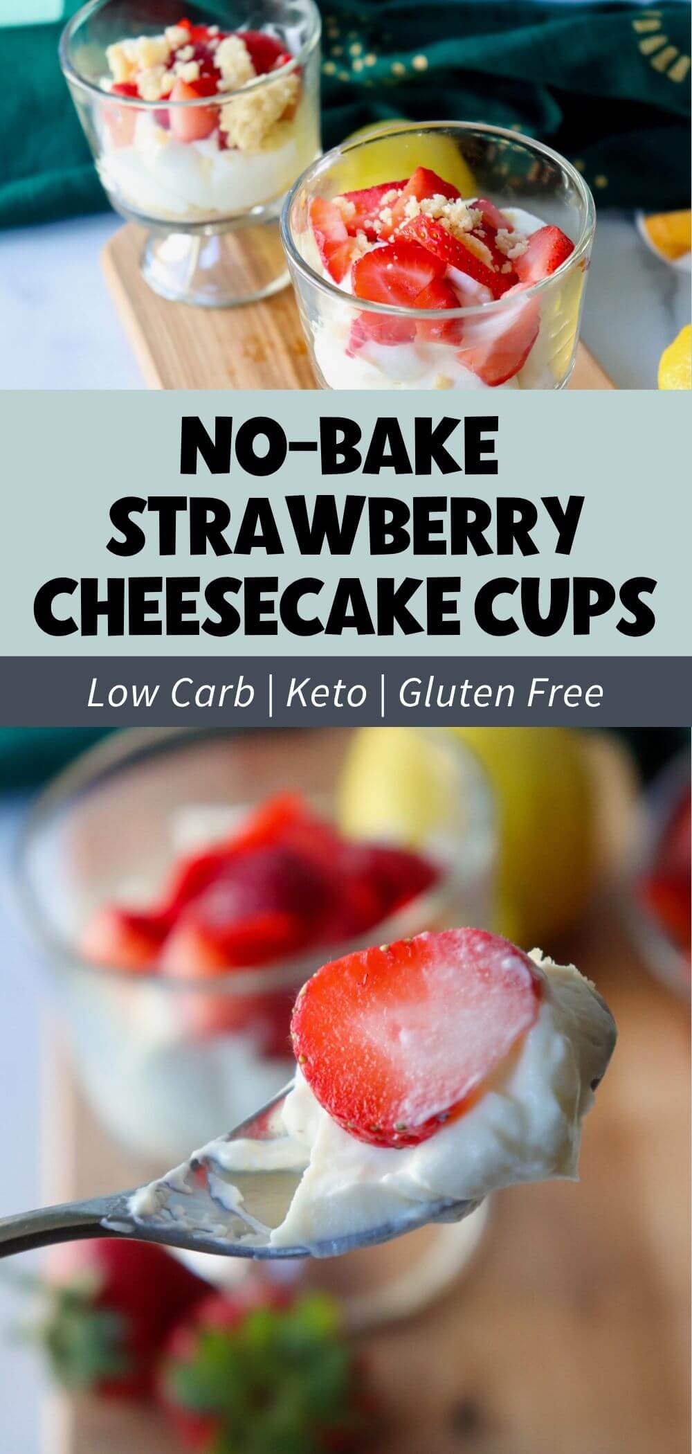 Spoonful of fluffy keto no-bake strawberry cheesecake with fresh strawberry slice in front of layered cheesecake dessert cups.