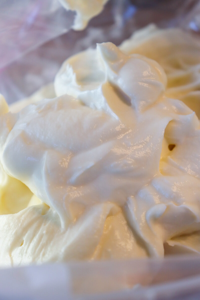 A close up view of the whipped cream cheese filling